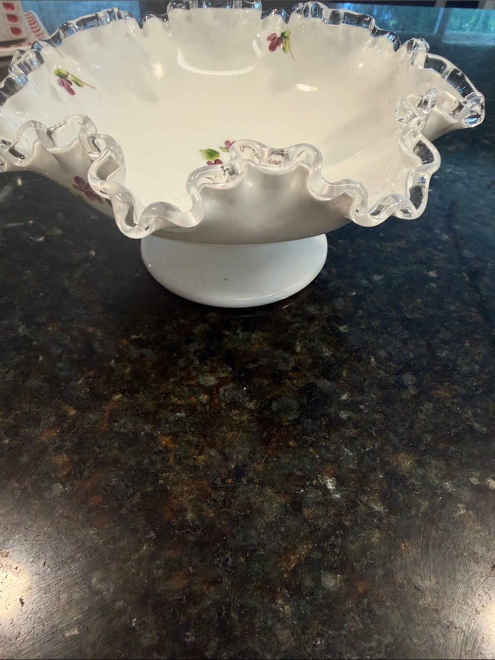 Ruffled Milk Glass Compote with Clear Crimped Edge
